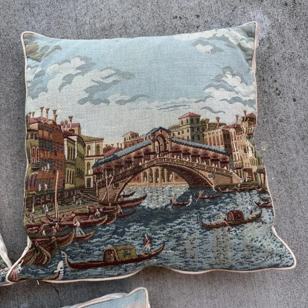 Set 3 Vintage Venice Tapestry Throw Pillows 16x16 Gondola Scenic Decor